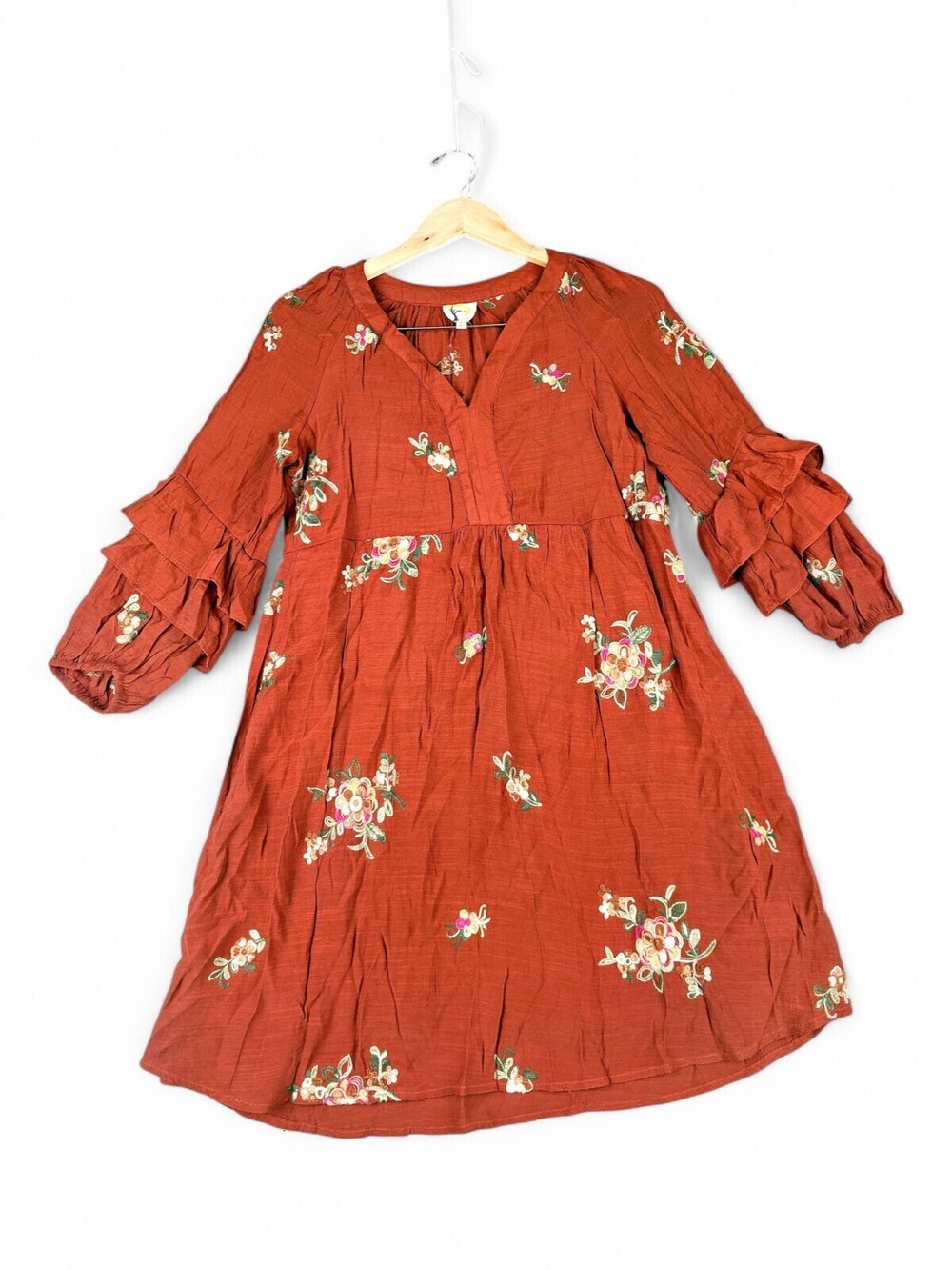 Fig & Flower Rust Floral Embroidered Tiered Bell Sleeve Dress S